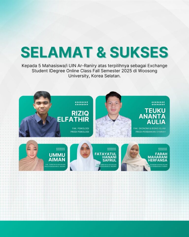 Lima Mahasiswa UIN Ar-Raniry Terpilih Ikuti iDegree Open Class Program di Woosong University, Korea Selatan