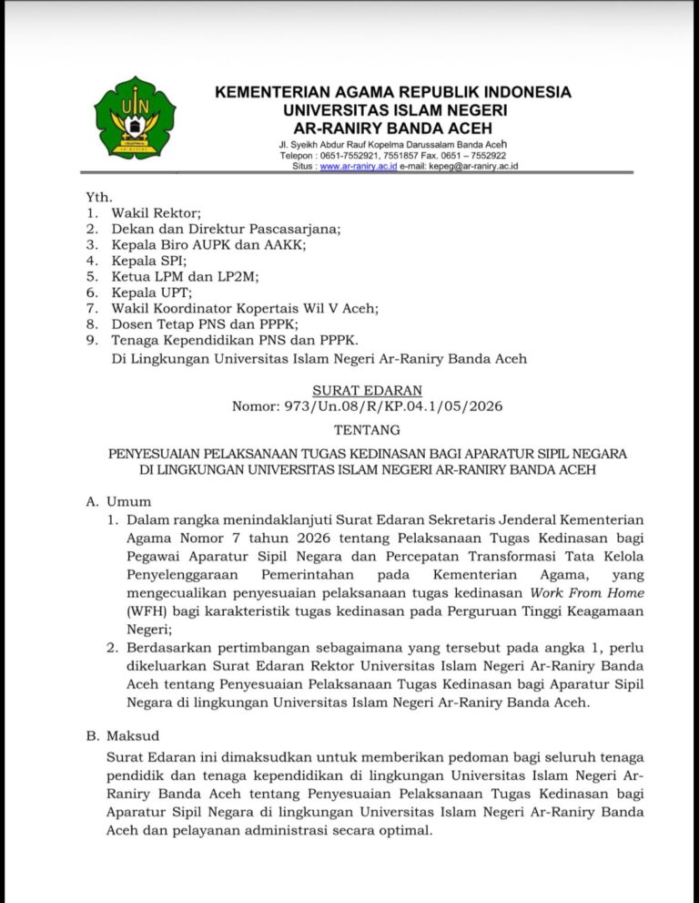 UIN Ar-Raniry Sesuaikan Tugas Kedinasan ASN, WFH Hari Jumat Dihentikan